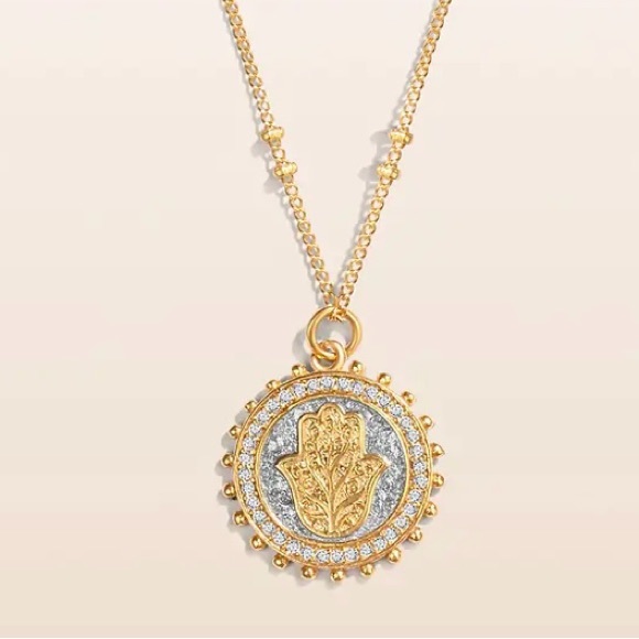 Precious Protection - Karma and Luck Gold Plated Hamsa Medallion Necklace - Picture 1 of 6